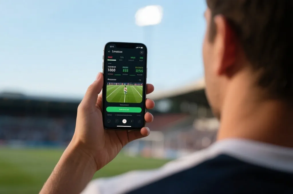 An over-the-shoulder view of a sports fan holding a smartphone displaying sports statistics and live stream interface